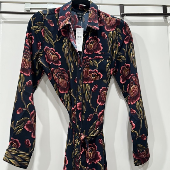 Ann Taylor Navy Blue Floral Print Tie Belt Shift Shirt Dress Long Sleeve M NWT - Picture 6 of 12